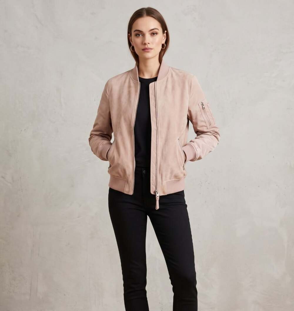 Mackage Suede Front Mixed Media Bomber Jacket Size S Blush Pink Full Zip CLMKSS1